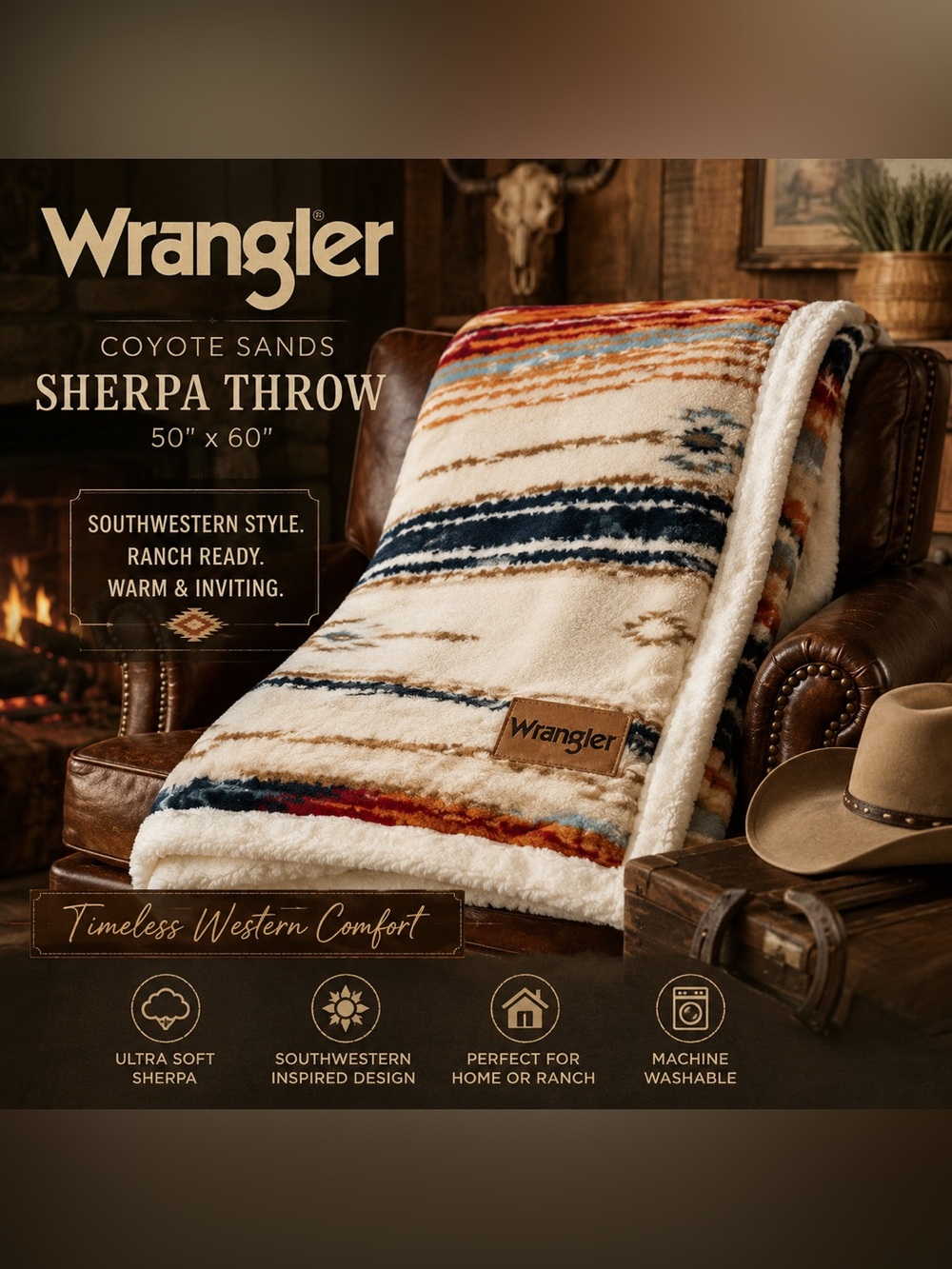 MSRP $70-Wrangler Coyote Sands Sherpa Throw Blanket 50x60
